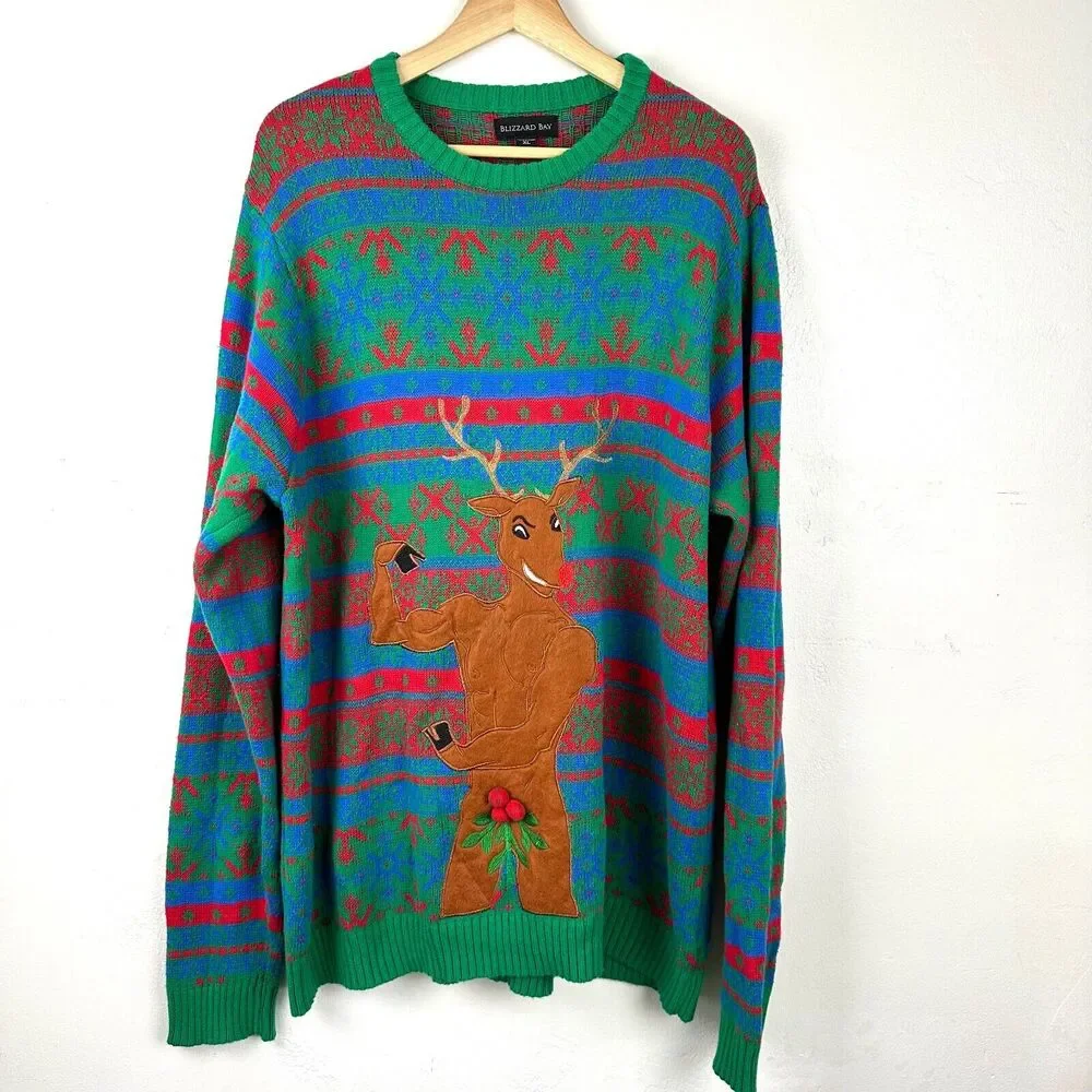 Blizzard Bay Muscle Rudolph Mistletoe Balls Christmas Funny Ugly Sweater Size XL